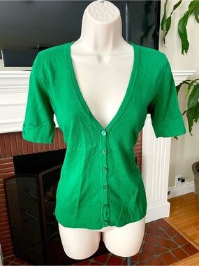Ann Taylor Loft Emerald Green Short Sleeve Button-Down Sweater XS